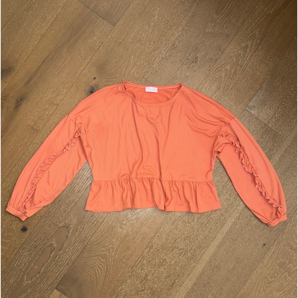 Pink Lily Coral Ribbed Peplum Top Long Sleeve Ruffle Detail Crew Neck Small